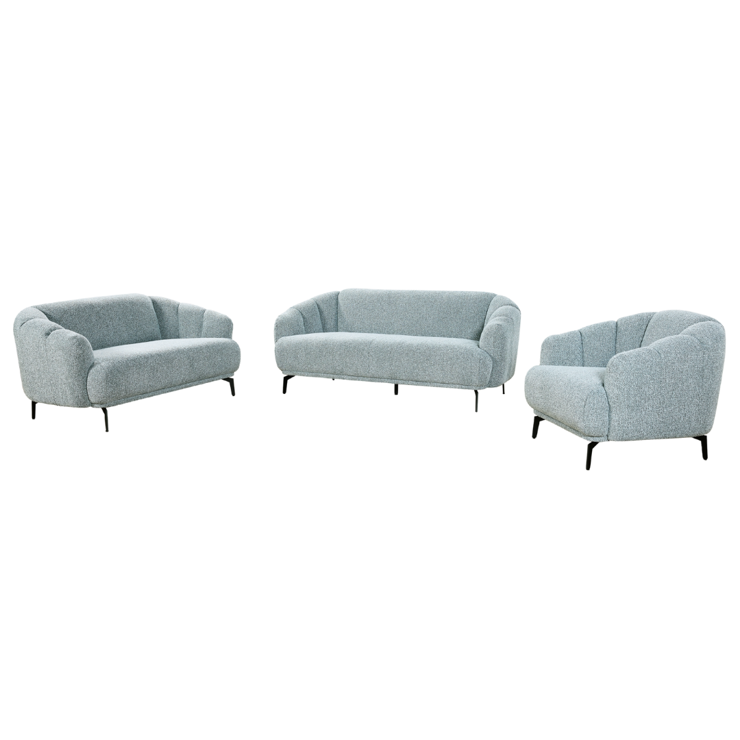 Orsta Sofa Set 3-seater, 2-seater, and armchair in grey fabric with slim metal legs – contemporary lounge suite.
