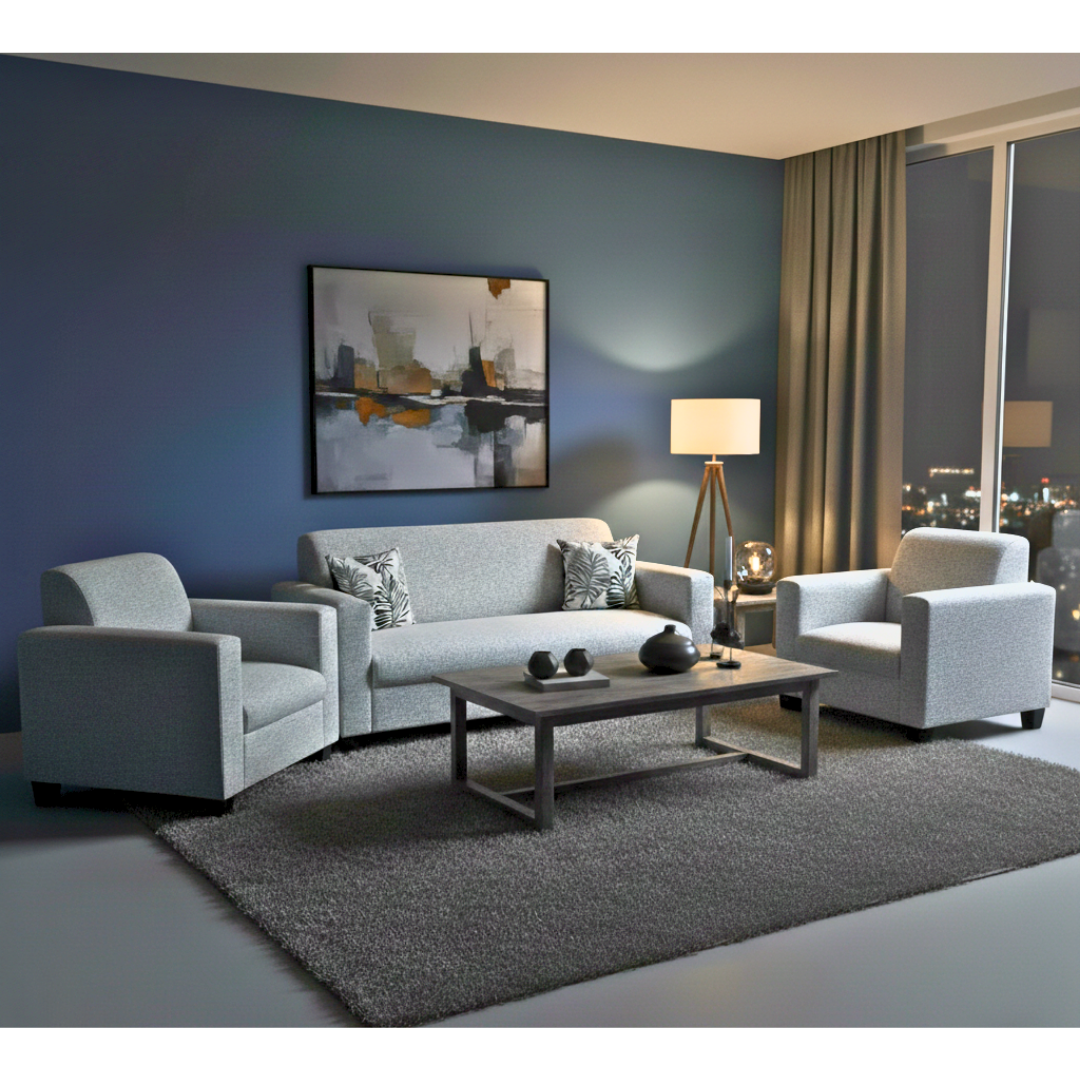 Nelson 3+1+1 sofa set in light grey fabric with firm back support, handmade in Auckland, NZ.