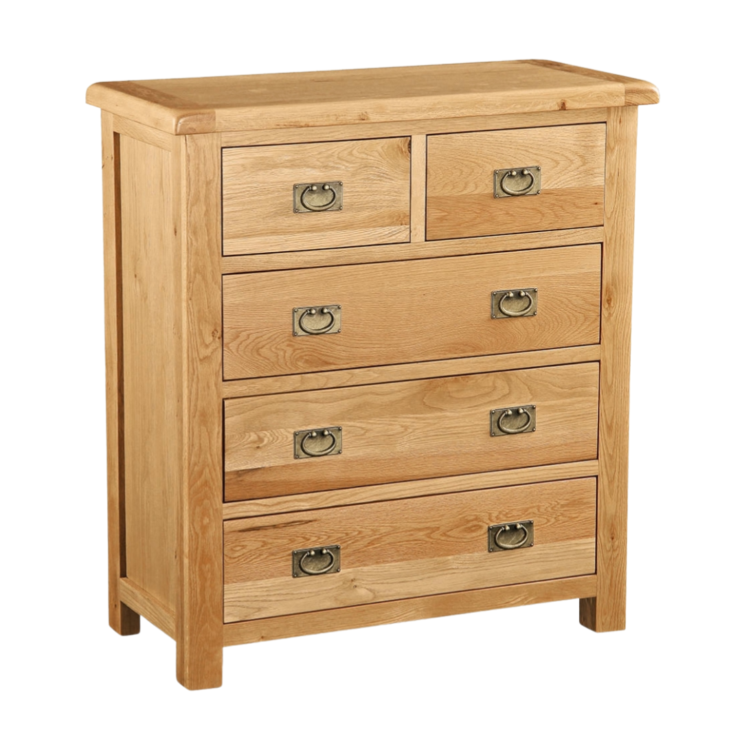 Tallboy in Solid Oak Wood with natural finish and multiple storage drawers.