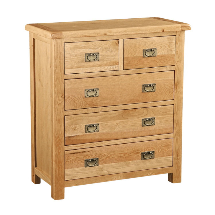 Tallboy in Solid Oak Wood with natural finish and multiple storage drawers.