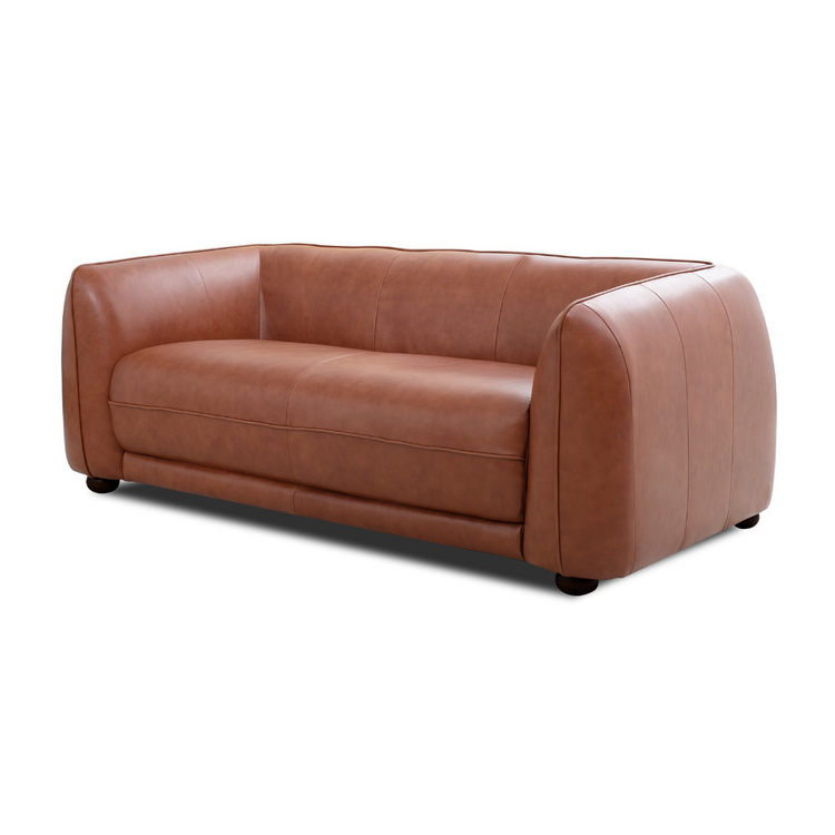 Odense 3 Seater Top Grain Leather Sofa front view with two seat cushions, panelled seams and piping in Antique Tan