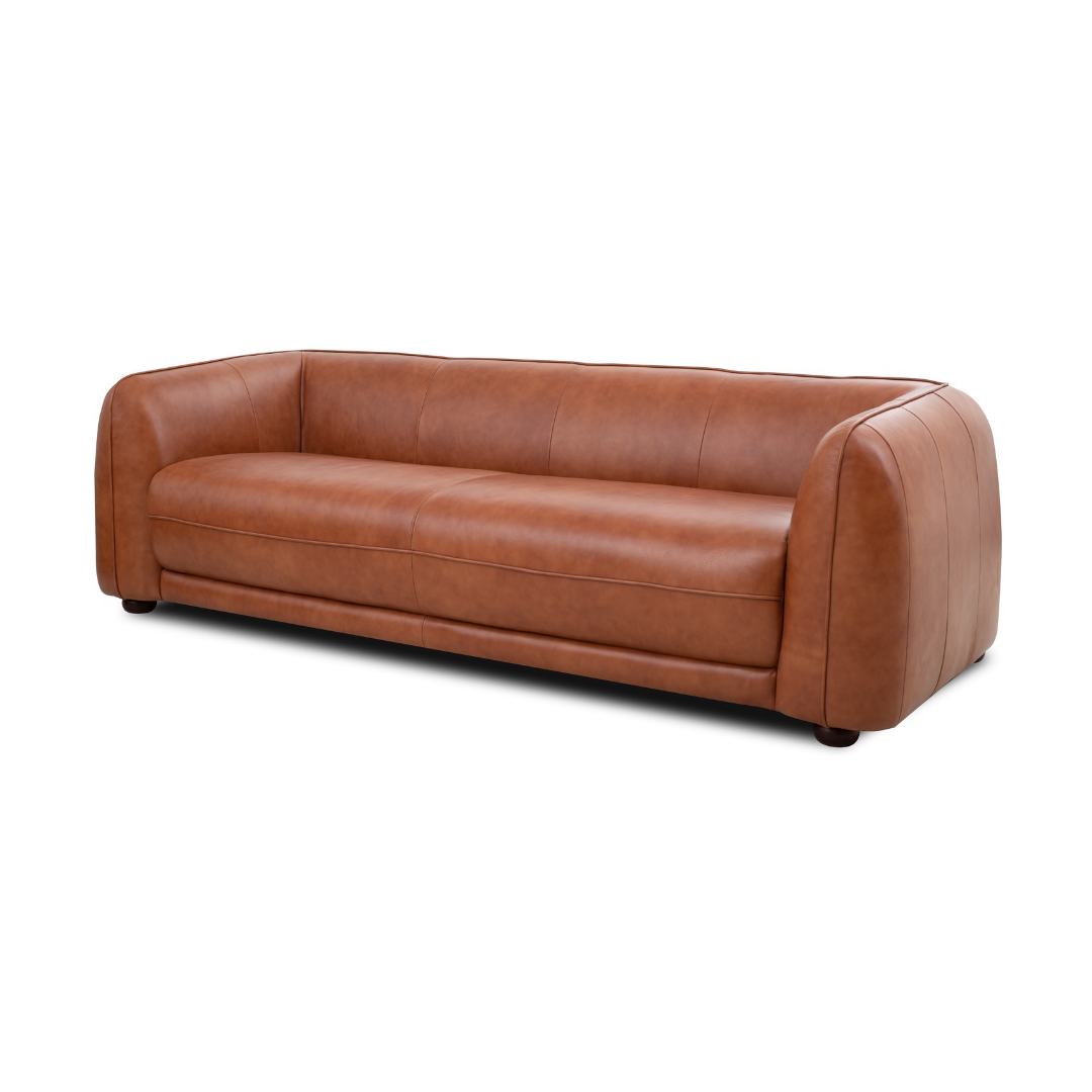 Odense 3 Seater Top Grain Leather Sofa in Antique Tan with rounded barrel arms and solid timber feet, angled view