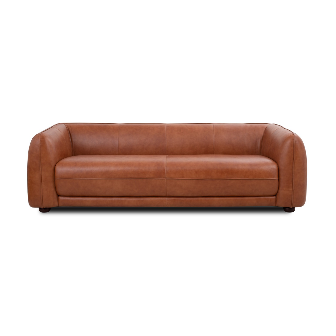 Odense 3 Seater Top Grain Leather Sofa front view with panelled seams and piping in semi-aniline leather