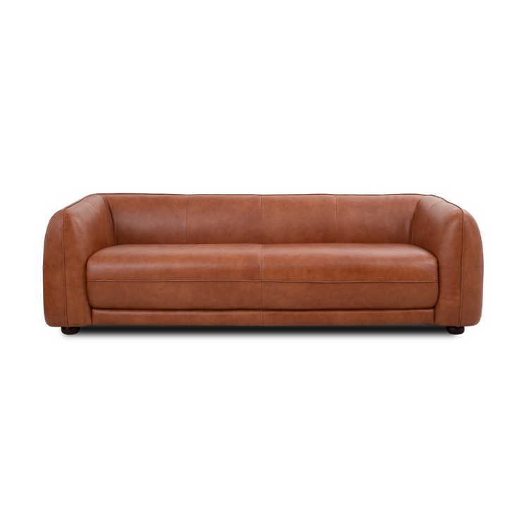 Odense 3 Seater Top Grain Leather Sofa front view with panelled seams and piping in semi-aniline leather