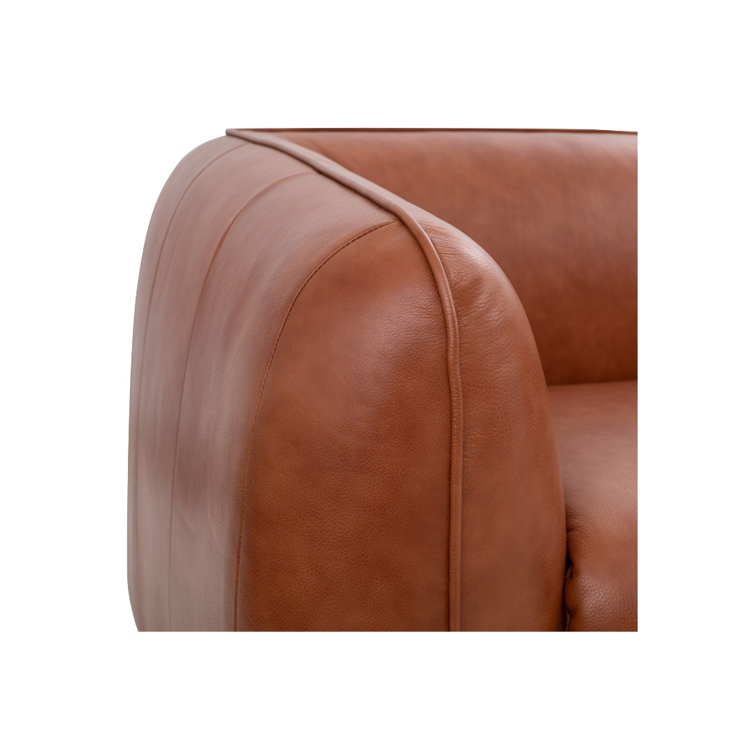 Odense 2 Seater Top Grain Leather Sofa front view with panelled seams and solid timber feet
