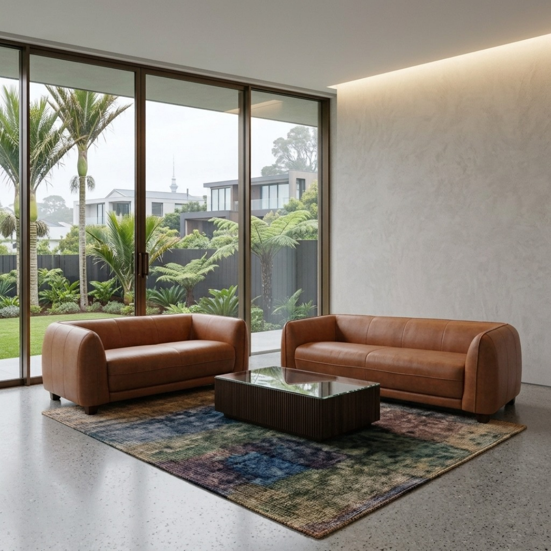 Odense 3+2 Seater Top Grain Leather Sofa in Antique Tan with rounded barrel arms and solid timber feet, front angle