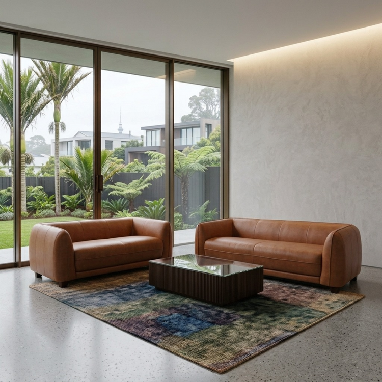 Odense 3+2 Seater Top Grain Leather Sofa in Antique Tan with rounded barrel arms and solid timber feet, front angle