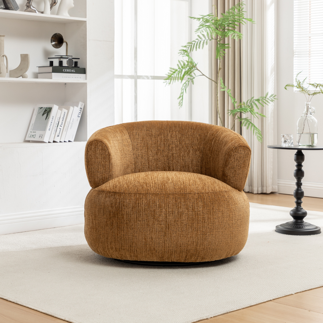 Close-up of the soft, textured mustard fabric on the Orbit Swivel Chair.