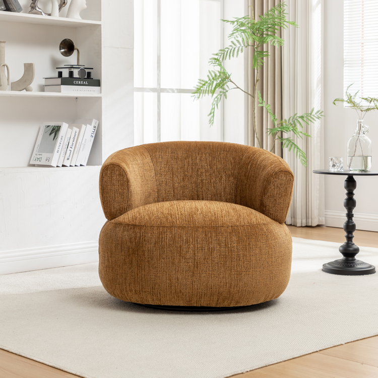 Close-up of the soft, textured mustard fabric on the Orbit Swivel Chair.