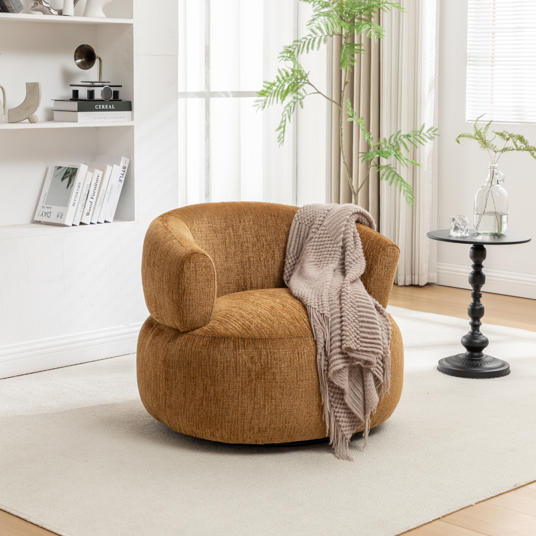 Orbit Swivel Chair in mustard textured fabric – modern accent armchair NZ.
