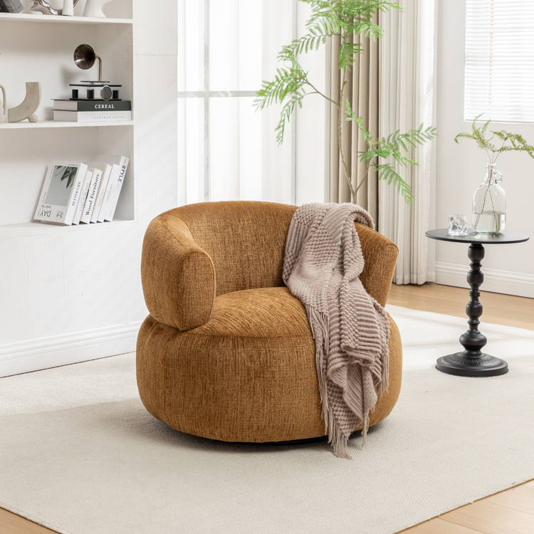 Orbit Swivel Chair in mustard textured fabric – modern accent armchair NZ.
