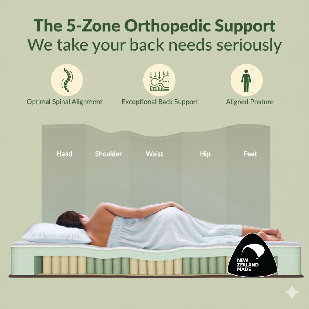 Diagram showing 5-Zone Chiropractic Support springs for healthy spine alignment