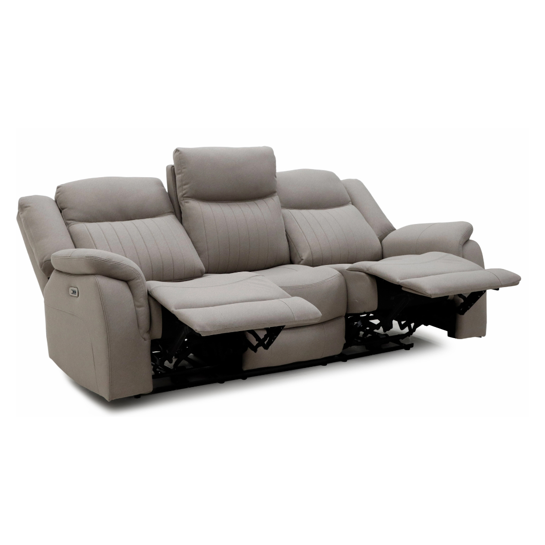 Skara Electric 3 Seater Recliner Sofa in reclining position upholstered in AquaShield Fabric.