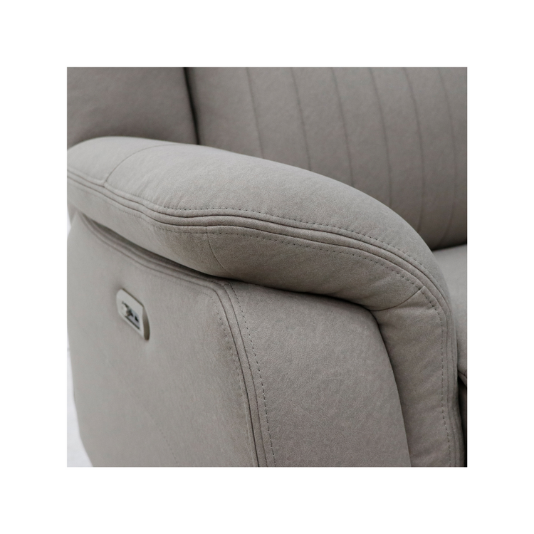 Skara Electric Recliner Arm Close-up of a beige recliner chair with control panel on a white background.