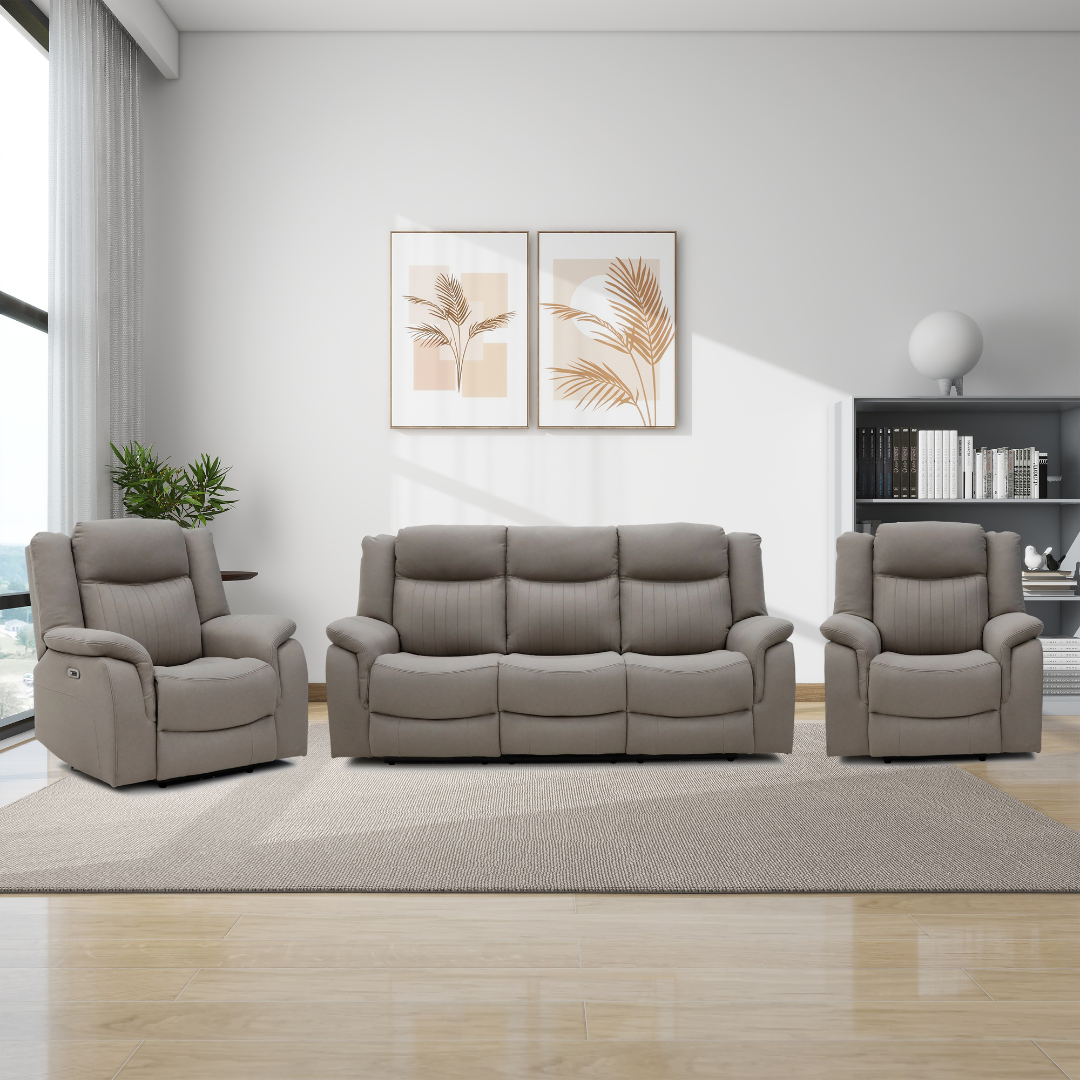 Skara Electric Recliner Sofa Set in a living room – a 3-seater and two single recliners upholstered in AquaShield Fabric.