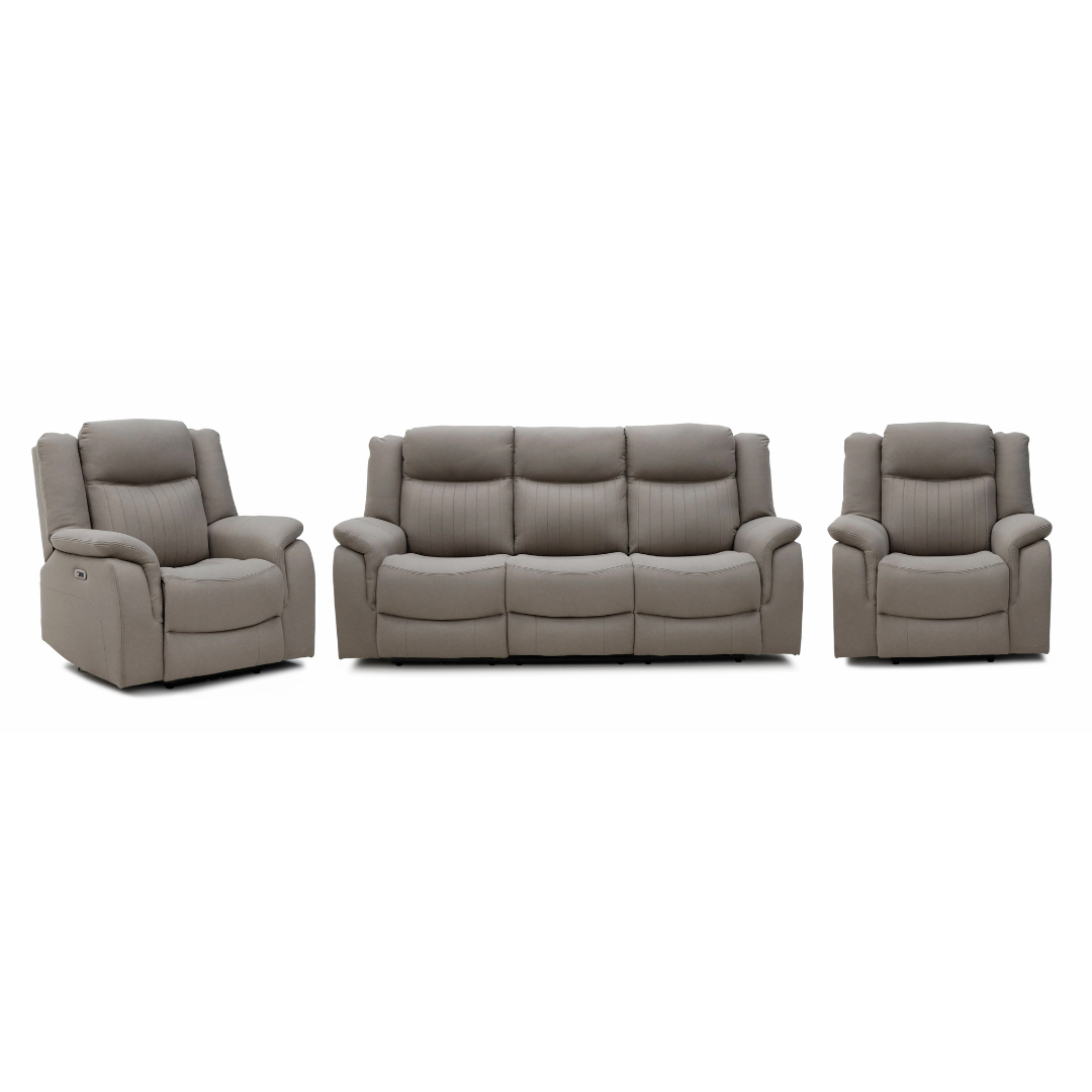 White background Skara Electric Recliner Sofa Set in a living room – a 3-seater and two single recliners upholstered in AquaShield Fabric. 