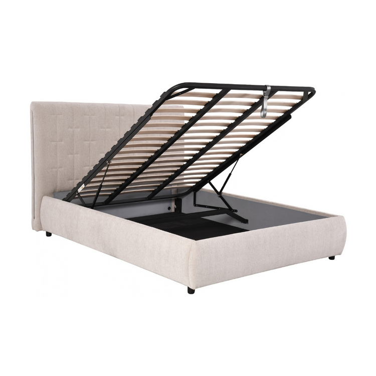 Soren Queen Gaslift Storage Bed shown open, demonstrating the hydraulic one-hand lift system, poplar wood slats, and solid bottom storage board underneath