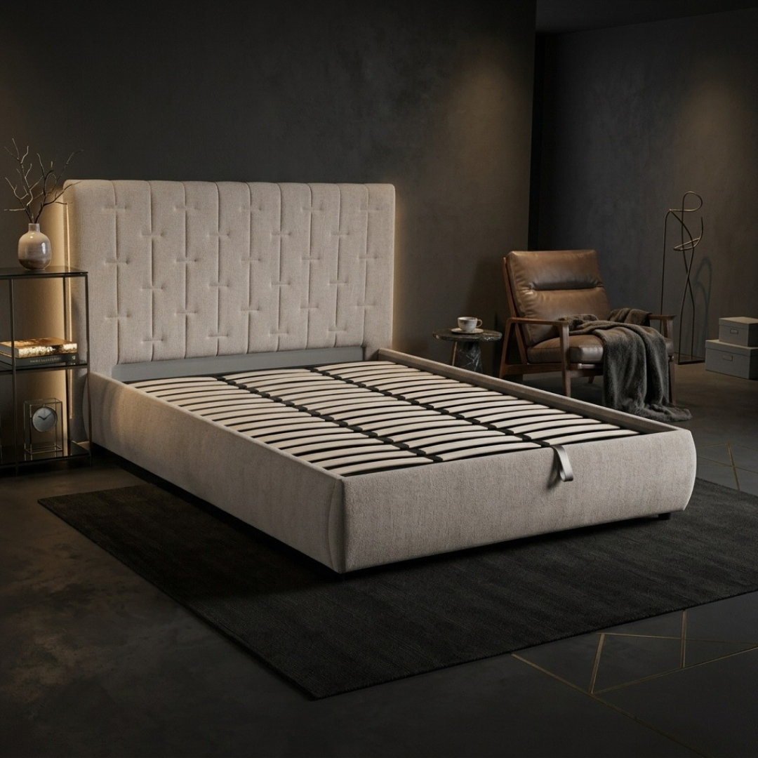 Soren Queen Gaslift Storage Bed in light oatmeal textured fabric, shown with the wide channel-stitched headboard and built-in LED lighting in a bedroom setting