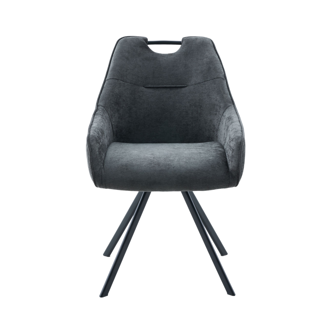 Sorrel 360 degree swivel dining chair in premium dark grey fabric with black steel legs