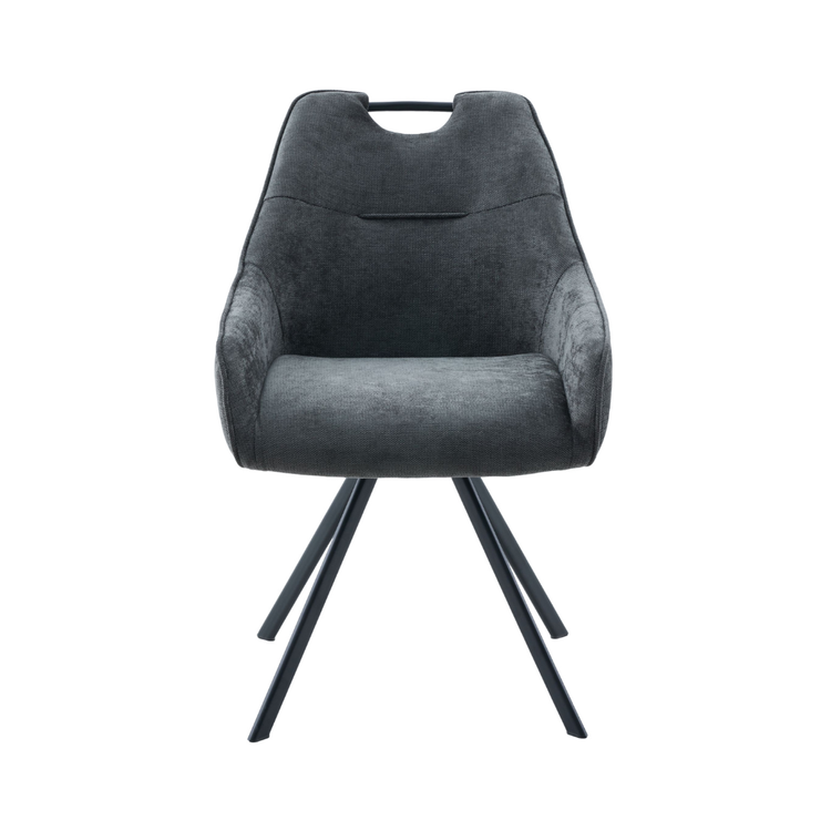 Sorrel 360 degree swivel dining chair in premium dark grey fabric with black steel legs