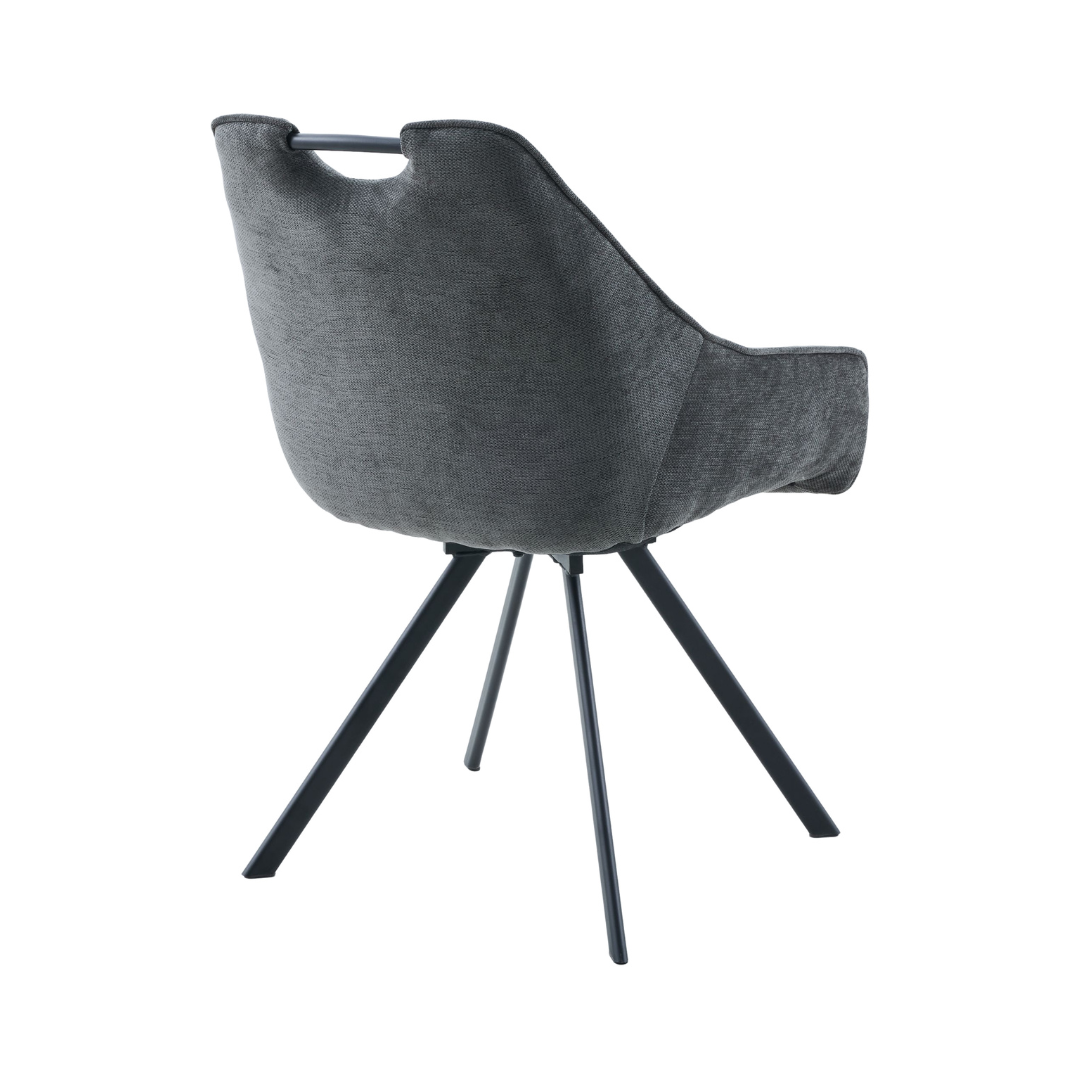 Rear view of the Sorrel dark grey swivel chair showing the integrated matte black metal pull handle