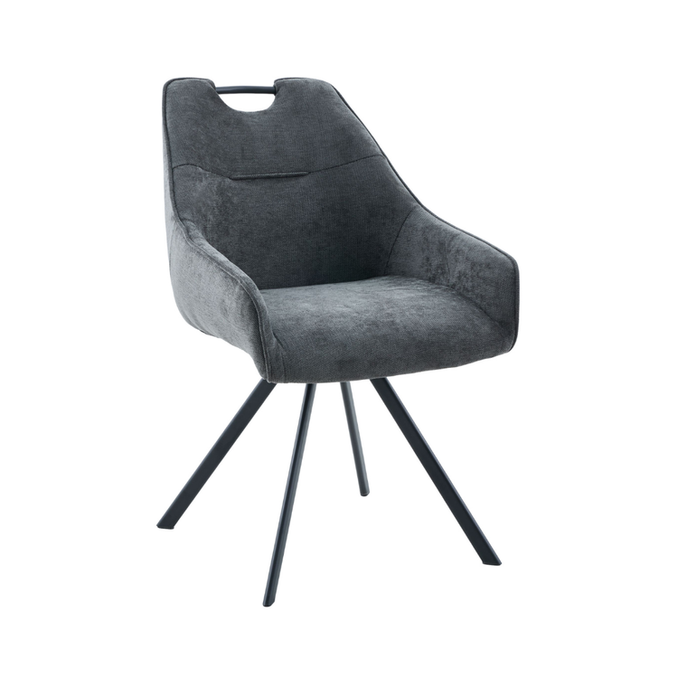 Front side view of the Sorrel dark grey fabric dining chair showcasing its thick plush seat cushion