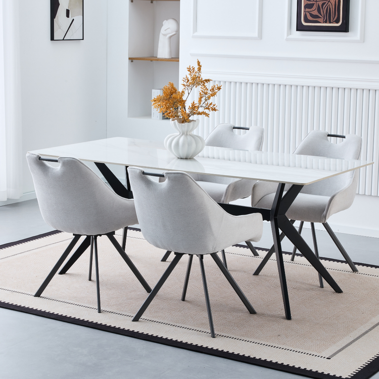 Sorrel 1.8m Ceramic Marble Dining Set with 6 Swivel Chairs and X-shaped metal legs