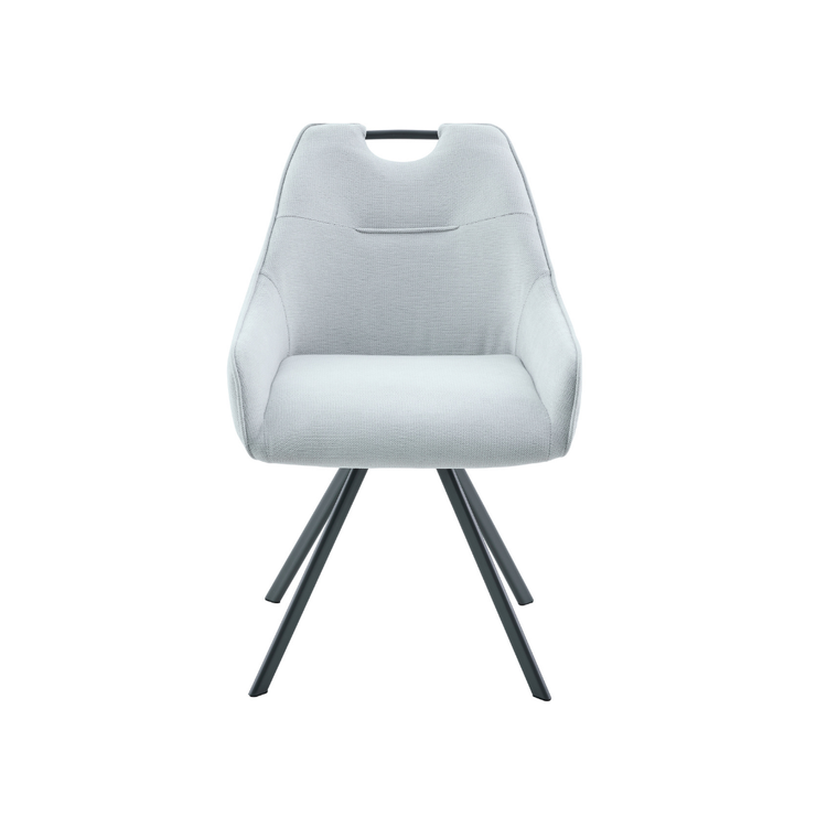 Light grey fabric swivel dining chair with modern black metal legs