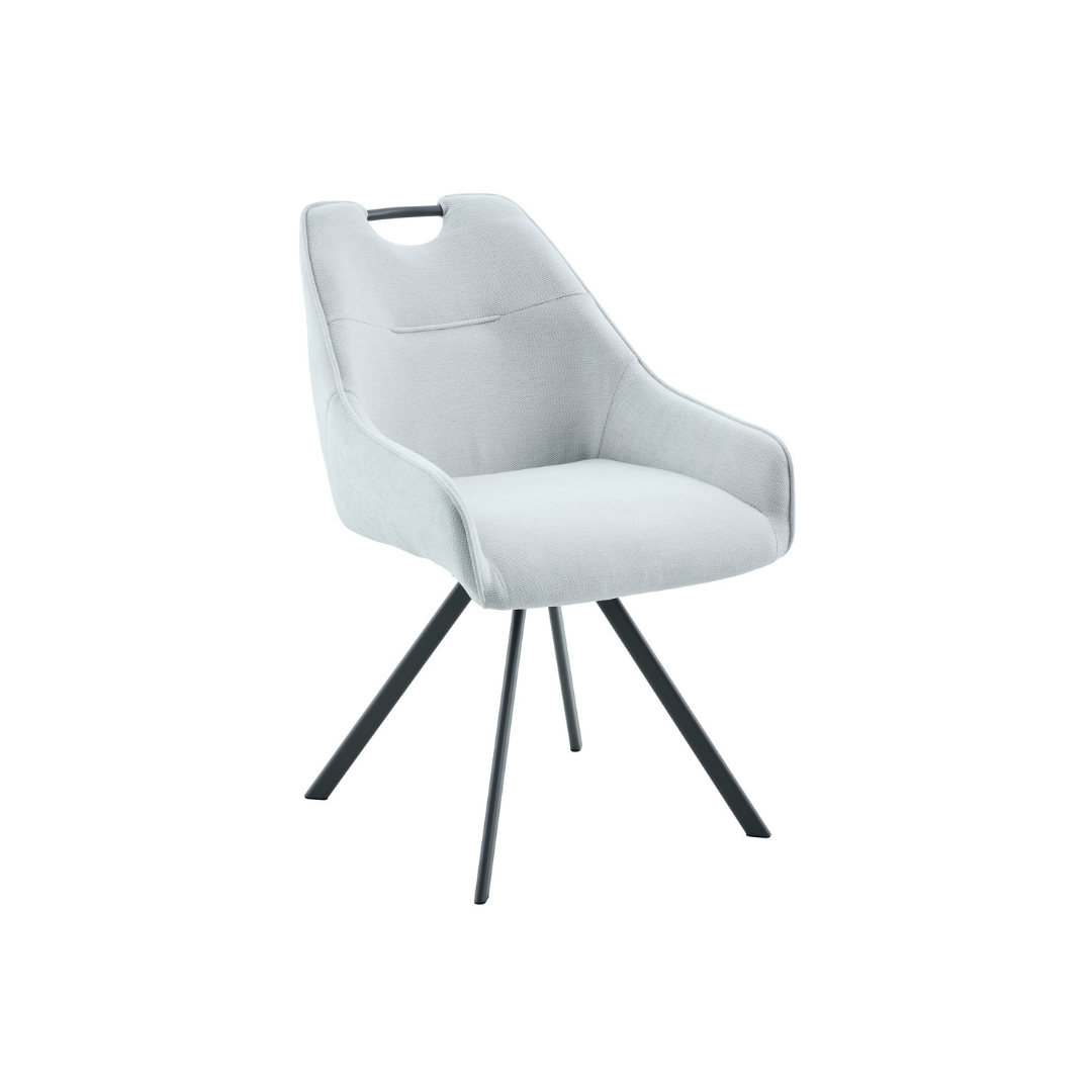Light grey upholstered dining chair showing contoured backrest and ergonomic design