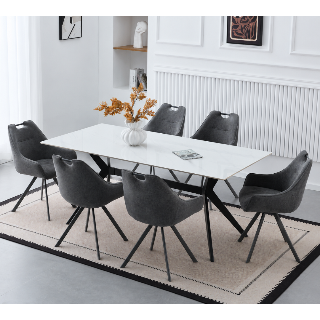 Sorrel 1.8m gloss white ceramic dining table with 6 dark grey swivel chairs