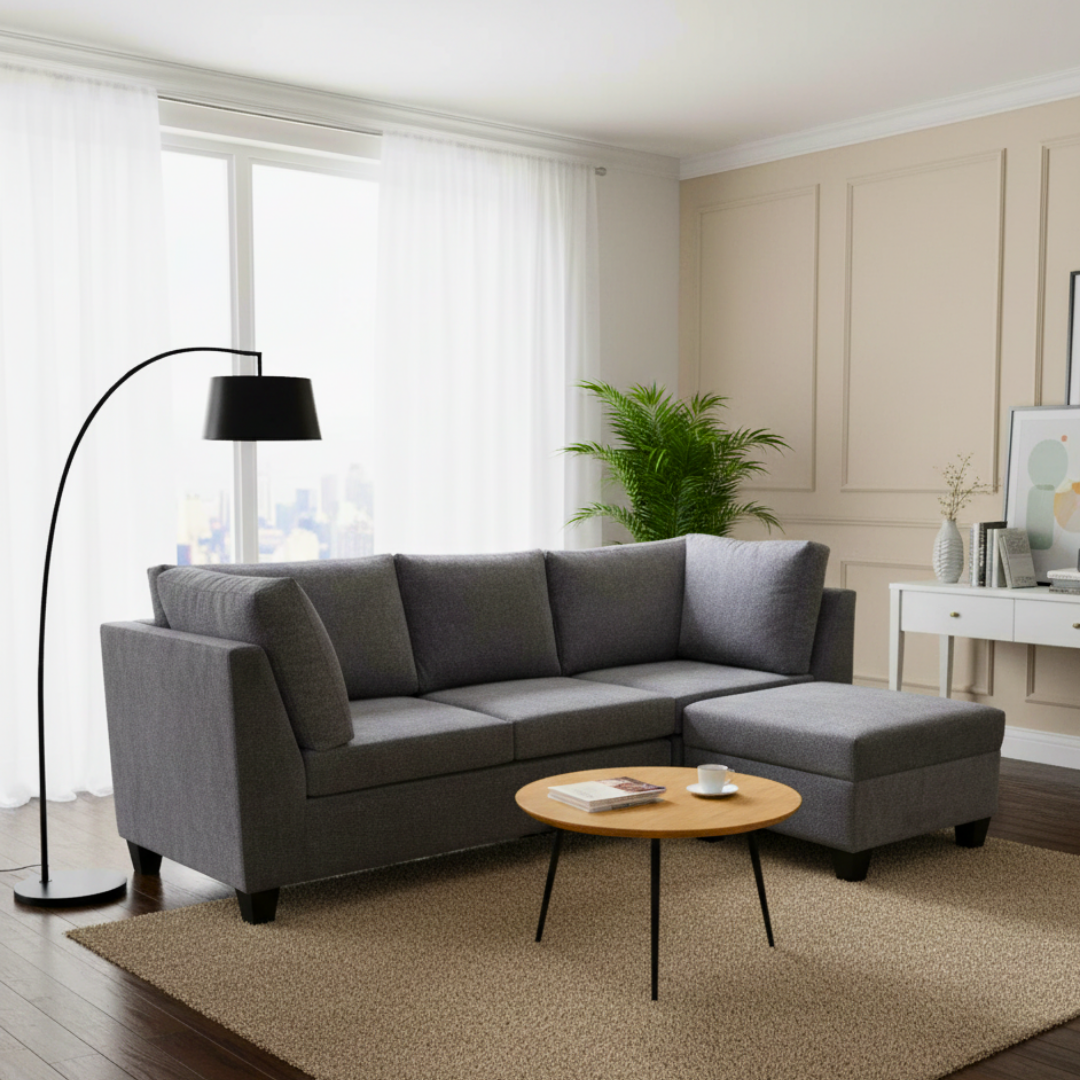 Taranaki charcoal sofa with moveable ottoman footrest, made in New Zealand.