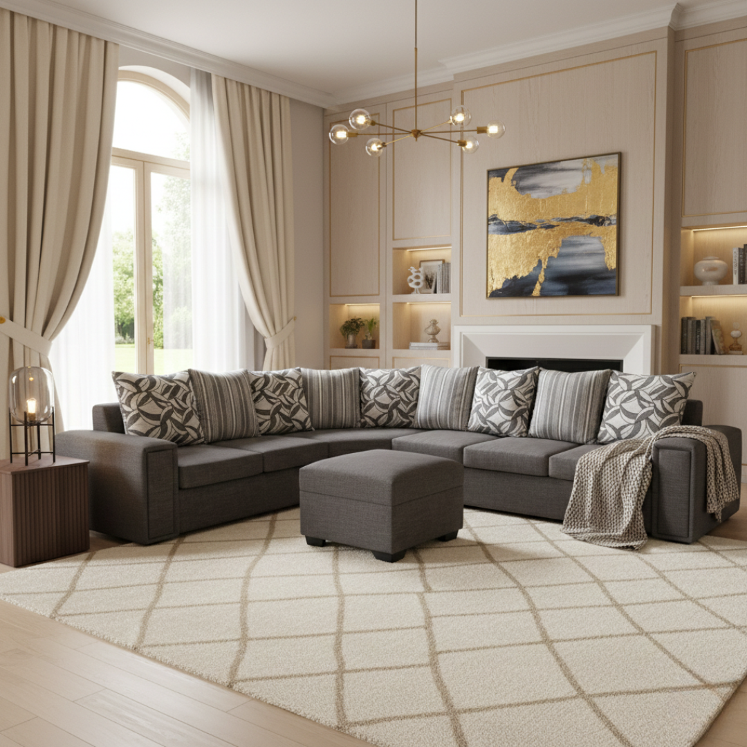 Tasman rounded corner sofa set in grey fabric with matching ottoman, handcrafted in New Zealand with NZ pine frame