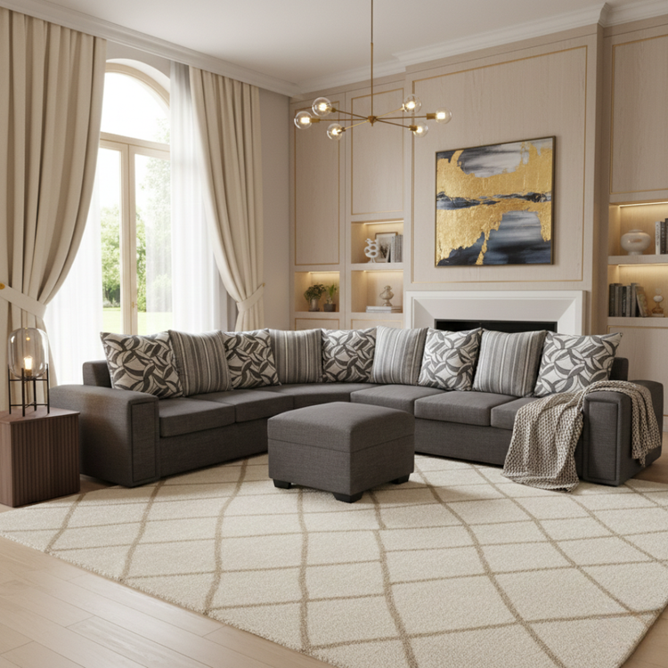 Tasman rounded corner sofa set in grey fabric with matching ottoman, handcrafted in New Zealand with NZ pine frame