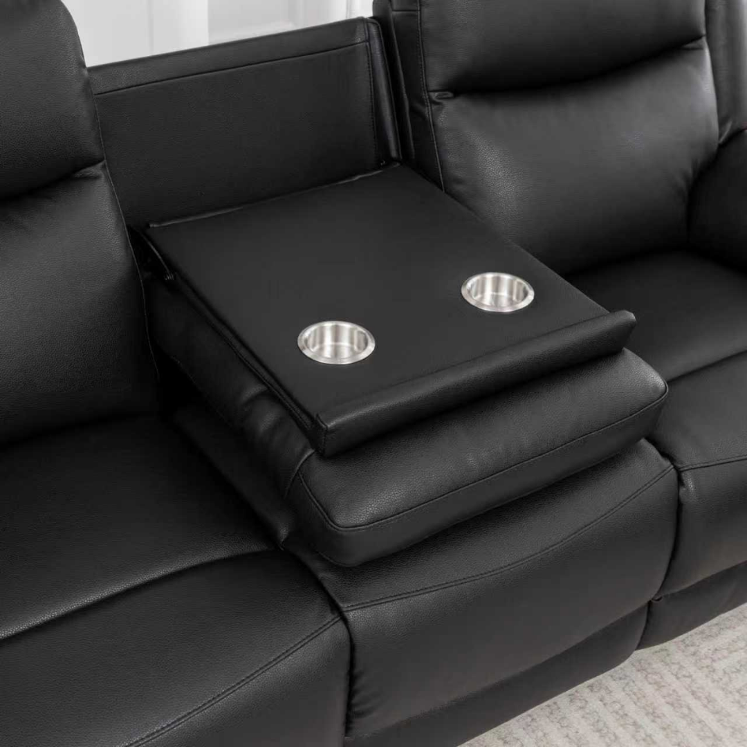 Dropdown coffee table with stainless steel cupholders on Torren 3-seater recliner