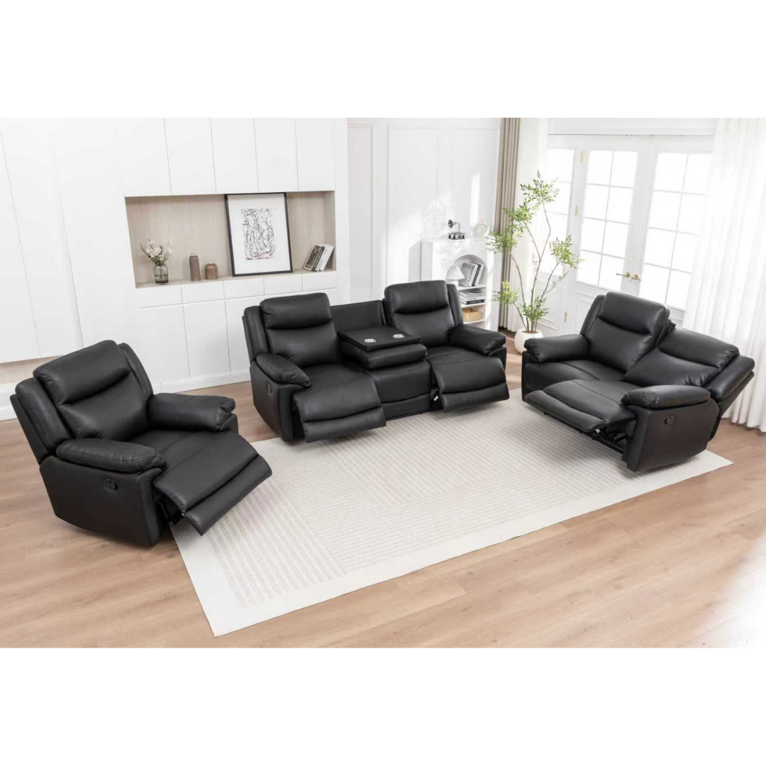 Torren 3+2+1 Black Air Leather Recliner Sofa Set with seats reclined