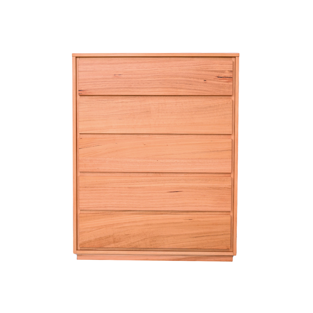 Torres five-drawer tallboy in natural messmate hardwood with warm honey grain