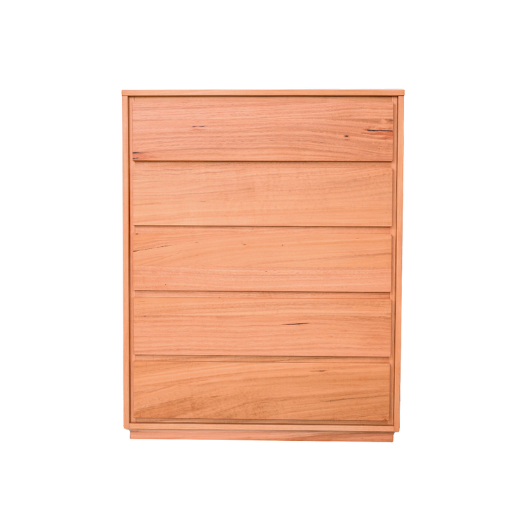 Torres five-drawer tallboy in natural messmate hardwood with warm honey grain