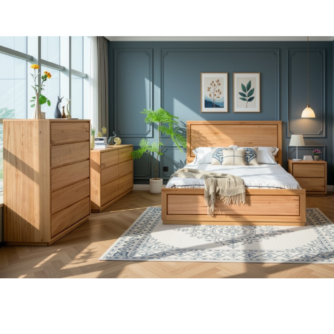 Torres bedroom suite natural messmate timber — queen bed frame with classic framed panel headboard, two matching bedside tables, five-drawer tallboy and six-drawer dresser, warm contemporary bedroom furniture NZ Furniture Warehouse Penrose Auckland