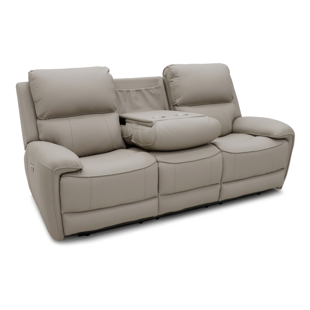 Close-up of the dropdown armrest and stainless steel cupholders on the Tromso 3-seater sofa.