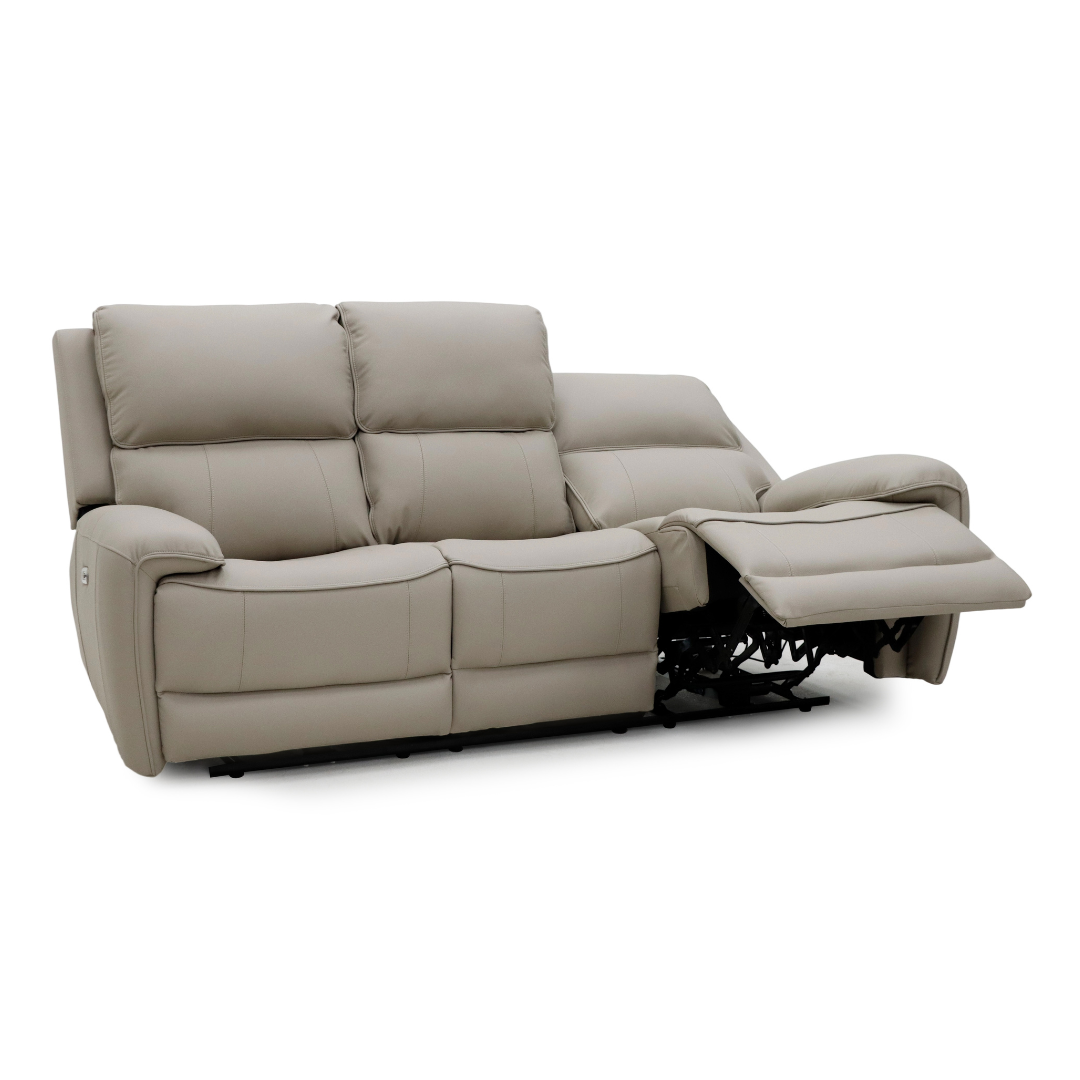 Tromso recliner set with an electric recliner open, showing the sleek design and unique armrests.