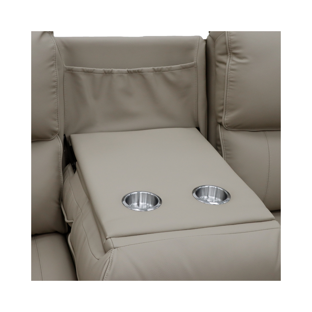 Close-up of the dropdown armrest and stainless steel cupholders on the Tromso 3-seater sofa.