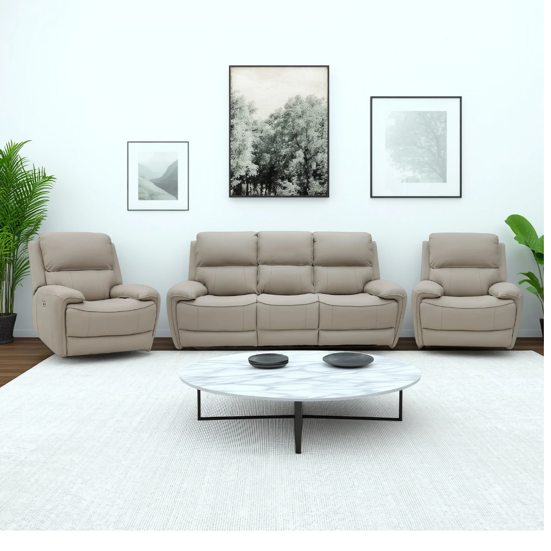 Tromso Electric Recliner Sofa Set in a living room – a 3-seater and two single recliners upholstered in suede leather.