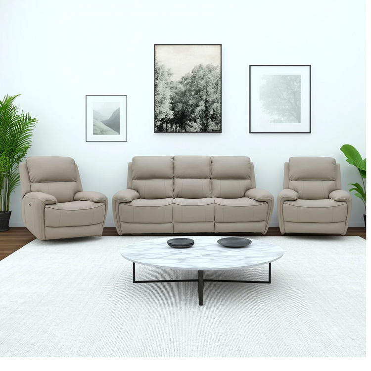 Tromso Electric Recliner Sofa Set in a living room – a 3-seater and two single recliners upholstered in suede leather.