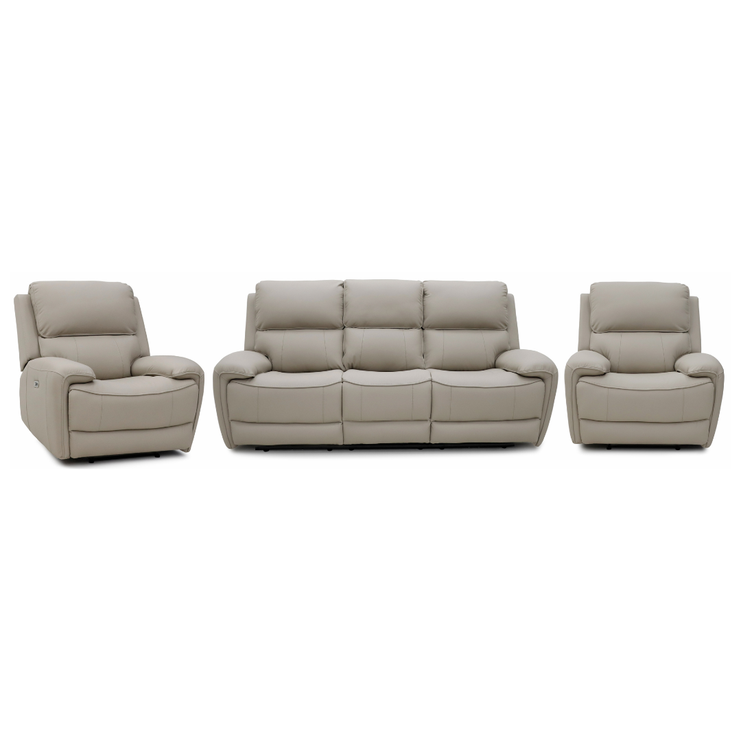 White background Tromso Electric Recliner Sofa Set in a living room – a 3-seater and two single recliners upholstered in suede leather.