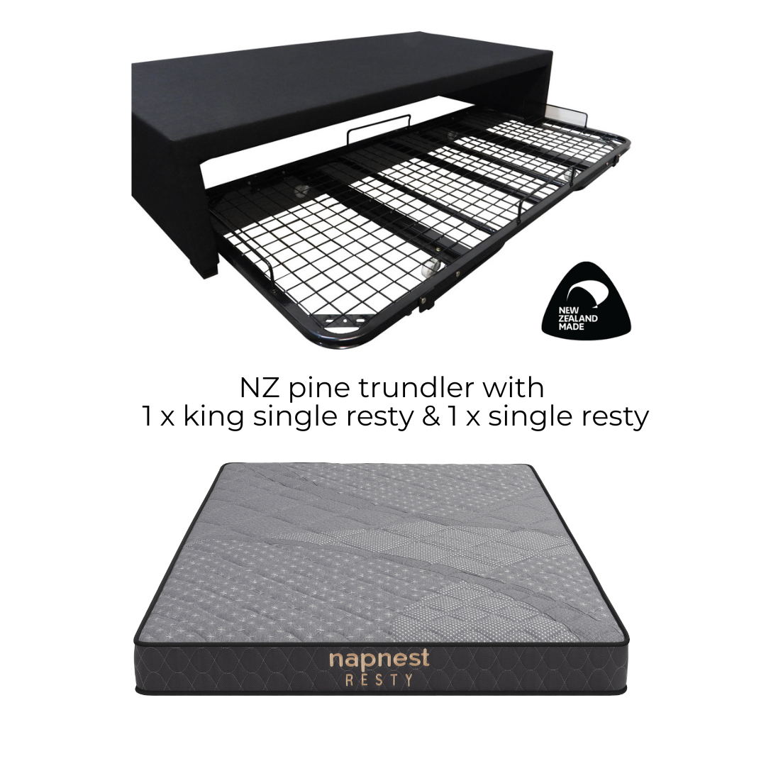 NZ Pine Trundler Bedframe with 2 x Napnest Resty Mattress Combo