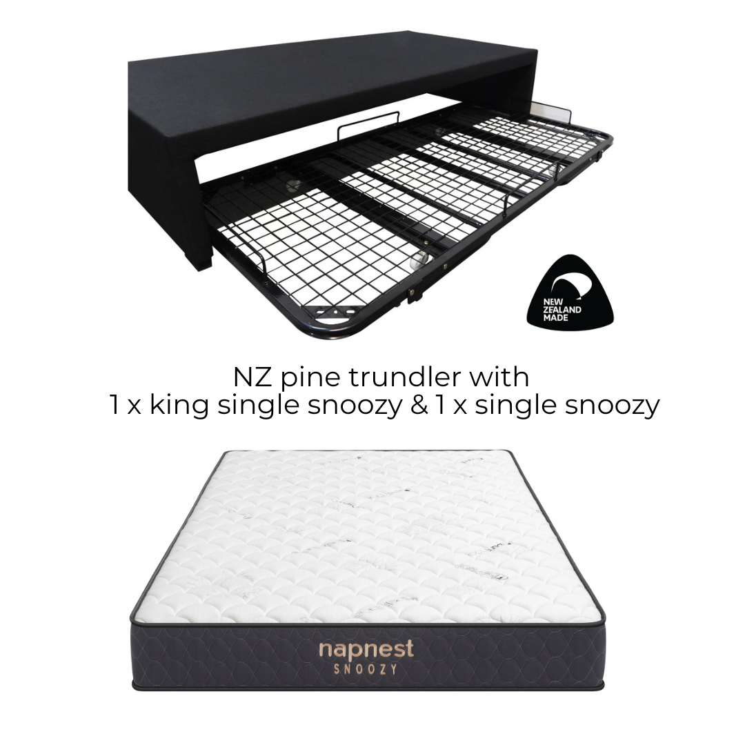 NZ Pine Trundler Bed Frame with 2 x Napnest Snoozy Mattress Combo