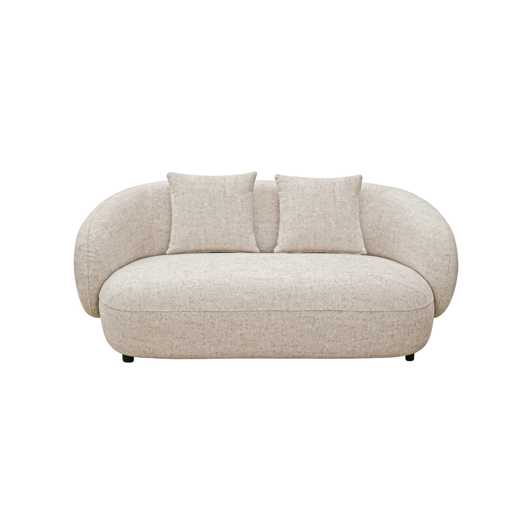 Valo curved 2-seater sofa sandy oat woven fabric with continuous wrapped arm silhouette and three matching cushions, NZ Furniture Warehouse