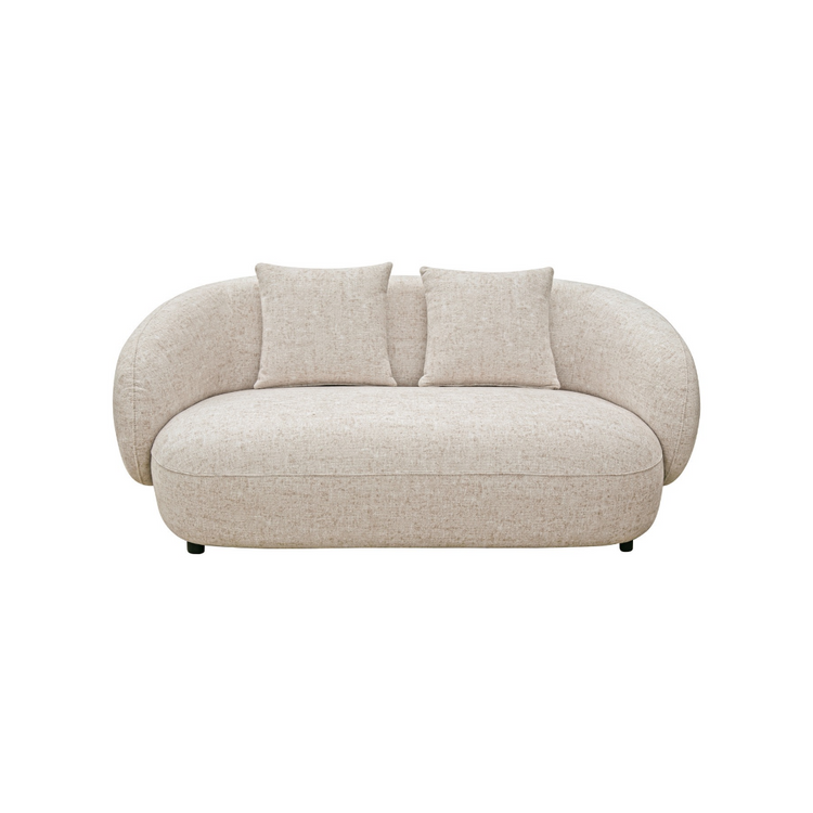 Valo curved 2-seater sofa sandy oat woven fabric with continuous wrapped arm silhouette and three matching cushions, NZ Furniture Warehouse