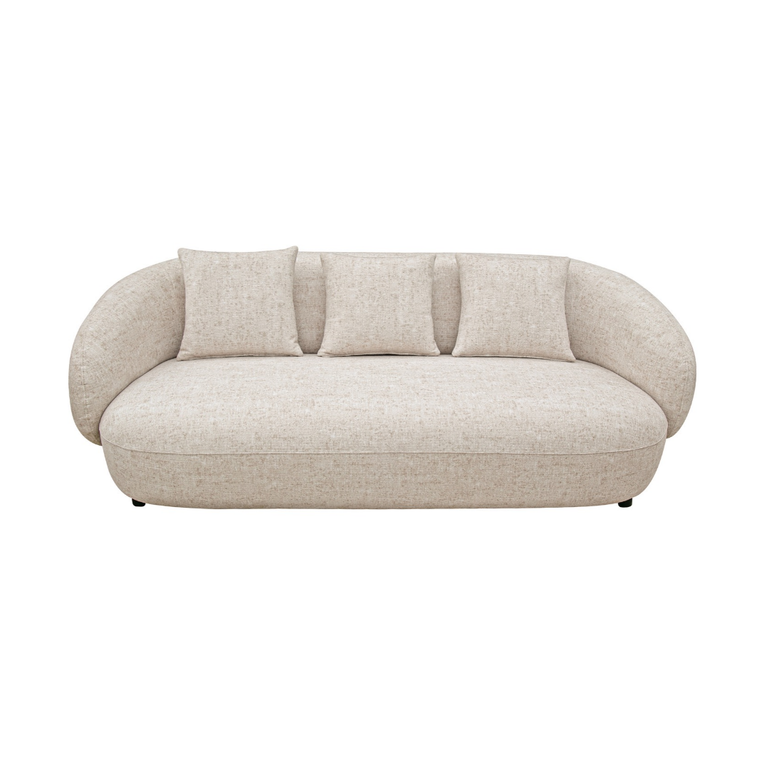 Valo curved 3-seater sofa sandy oat woven fabric with fully wrapped rounded arm design and three matching cushions, NZ Furniture Warehouse