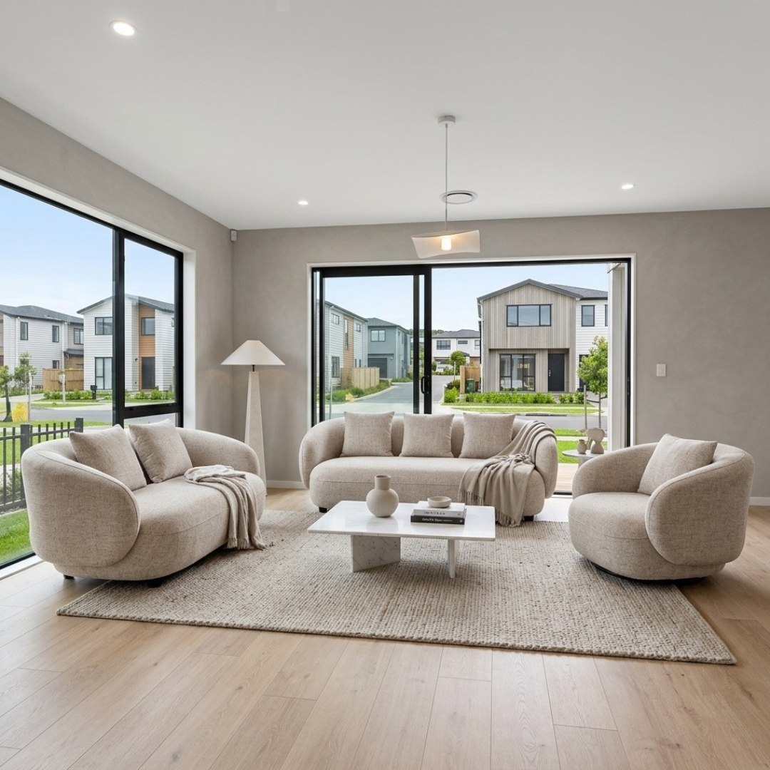 Valo curved sofa set 3+2+1 configuration in sandy oat woven fabric styled in a modern NZ open-plan living room, 360 swivel chair included, NZ Furniture Warehouse Penrose Auckland